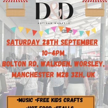 Poster for the Walkden Artisan Market event on 28th September 2024, featuring market stalls, music, free kids' crafts, and hot food.