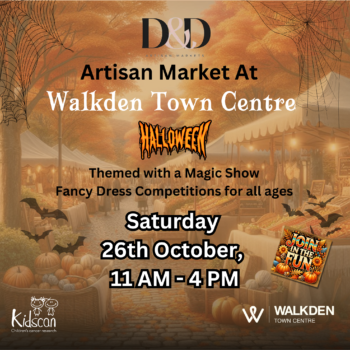 A Halloween-themed event poster for the D&D Artisan Market at Walkden Town Centre. The background shows a cozy outdoor market with autumnal trees, pumpkins, and market stalls. Decorative spider webs and flying bats add to the Halloween atmosphere. The text in bold reads, "Artisan Market at Walkden Town Centre," with a "Halloween" banner below. It is themed with a magic show and fancy dress competitions for all ages. The event date is highlighted: "Saturday 26th October, 11 AM - 4 PM." The bottom left displays the "KidsCan Children's Cancer Research" logo, and the bottom right shows the "Walkden Town Centre" logo. A "Join in the Fun" graphic is placed in the lower right corner, surrounded by bats.