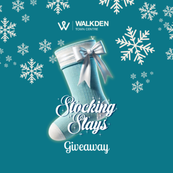 Festive promotional graphic for Walkden Town Centre's 'Stocking Slays Giveaway.' Features a teal Christmas stocking adorned with a silver ribbon bow, surrounded by white snowflakes on a teal background. The Walkden Town Centre logo is displayed at the top, and the text 'Stocking Slays Giveaway' is written in elegant white script.