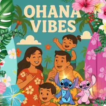 Lilo & Stitch Ohana Vibes event poster for Walkden Town Centre featuring appearance times for Stitch and Angel on Friday 30th May with tropical floral border.