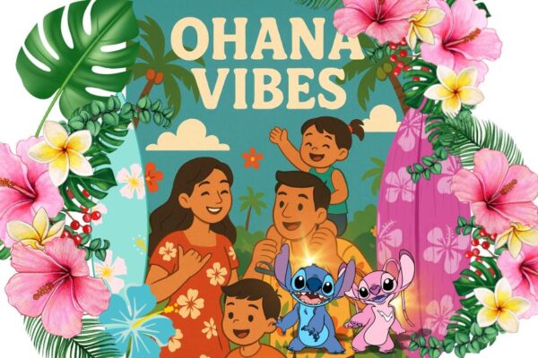 Lilo & Stitch Ohana Vibes event poster for Walkden Town Centre featuring appearance times for Stitch and Angel on Friday 30th May with tropical floral border.