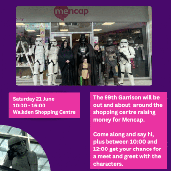 Star Wars characters including Darth Vader and Stormtroopers posing at Walkden Shopping Centre for Mencap fundraiser event