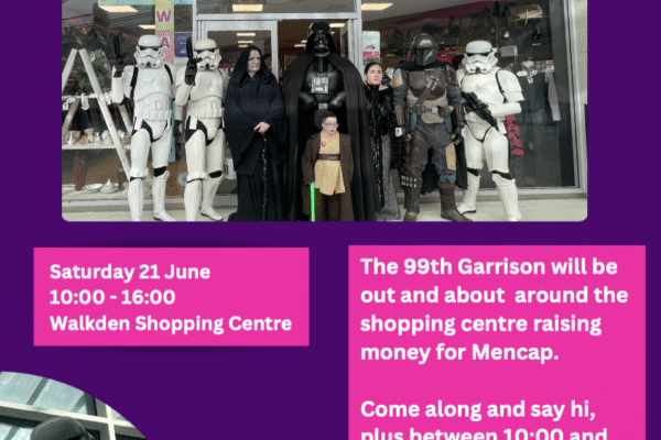 Star Wars characters including Darth Vader and Stormtroopers posing at Walkden Shopping Centre for Mencap fundraiser event