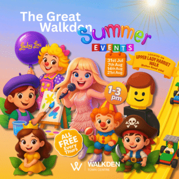 Illustrated poster promoting The Great Walkden Summer Events at Walkden Town Centre, featuring cartoon characters like princesses, pirates, a clown, and LEGO figures. Text includes event dates, times, and free entry details.