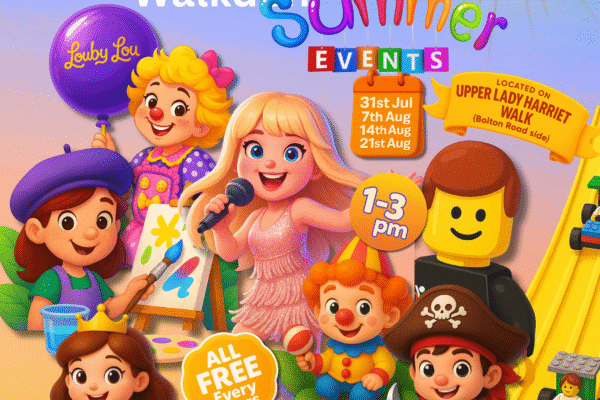 Illustrated poster promoting The Great Walkden Summer Events at Walkden Town Centre, featuring cartoon characters like princesses, pirates, a clown, and LEGO figures. Text includes event dates, times, and free entry details.