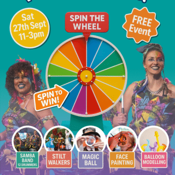 Walkden Moves event poster showing spin-the-wheel game, samba drummers, stilt walkers, face painting, and balloon modelling. Free family fun day at Walkden Town Centre on Saturday 27th September, 11am–3pm.