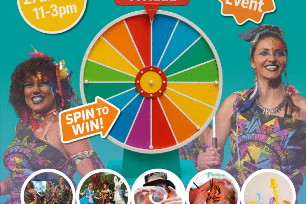 Walkden Moves event poster showing spin-the-wheel game, samba drummers, stilt walkers, face painting, and balloon modelling. Free family fun day at Walkden Town Centre on Saturday 27th September, 11am–3pm.