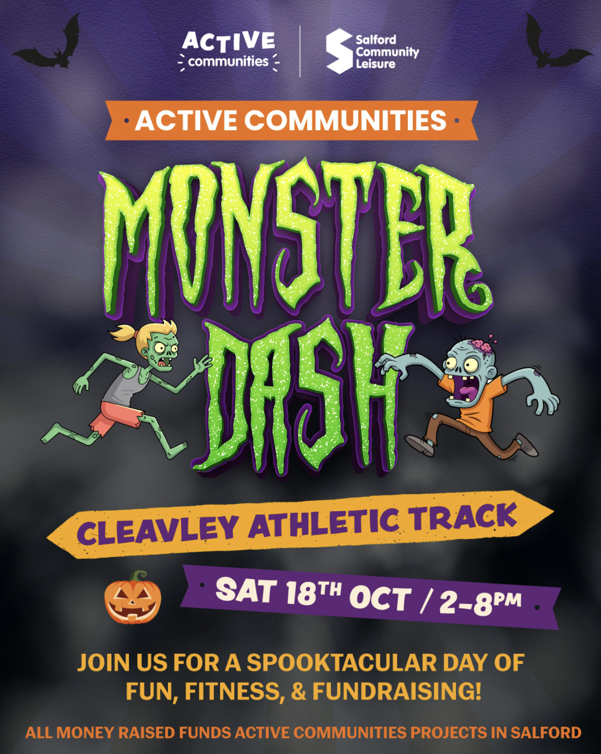 Poster for the Monster Dash community event by Active Communities at Cleavley Athletic Track on October 18th, featuring Halloween-themed fitness and family fun.