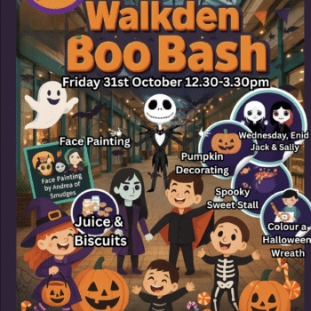 Poster for Walkden Boo Bash on Friday 31st October from 12:30 to 3:30 PM at Walkden Town Centre. Features cartoon children in Halloween costumes with pumpkins, bats, and ghosts. Highlights include face painting by Andrea of Smudges, pumpkin decorating, spooky sweet stall, juice and biscuits, character appearances by Wednesday, Enid, Jack & Sally, and Halloween wreath colouring. Free family event.