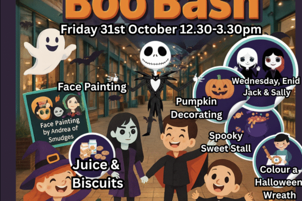 Poster for Walkden Boo Bash on Friday 31st October from 12:30 to 3:30 PM at Walkden Town Centre. Features cartoon children in Halloween costumes with pumpkins, bats, and ghosts. Highlights include face painting by Andrea of Smudges, pumpkin decorating, spooky sweet stall, juice and biscuits, character appearances by Wednesday, Enid, Jack & Sally, and Halloween wreath colouring. Free family event.