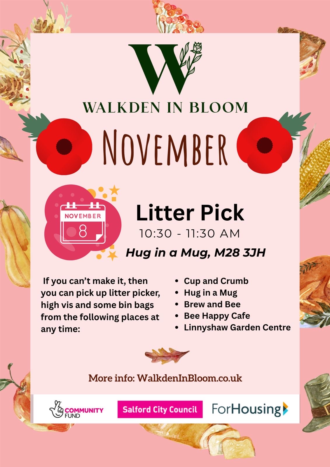🌸 Walkden, let’s make our town sparkle! 🌸 We’d love you to join us tomorrow — Saturday 8th November, 10:30am–11:30am — for the Walkden in Bloom Community Litter Pick! 💪 📍 Meeting point: Hug in a Mug, High Street (M28 3JR)
