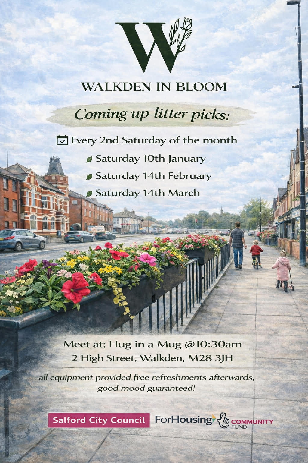 Walkden In Bloom community litter pick event poster showing Walkden town centre clean up organised by Salford City Council.