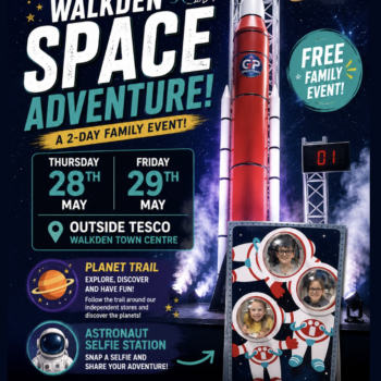 Walkden Space Adventure free family event poster — Thursday 28th and Friday 29th May, outside Tesco, Walkden Town Centre. Planet Trail and Astronaut Selfie Station.