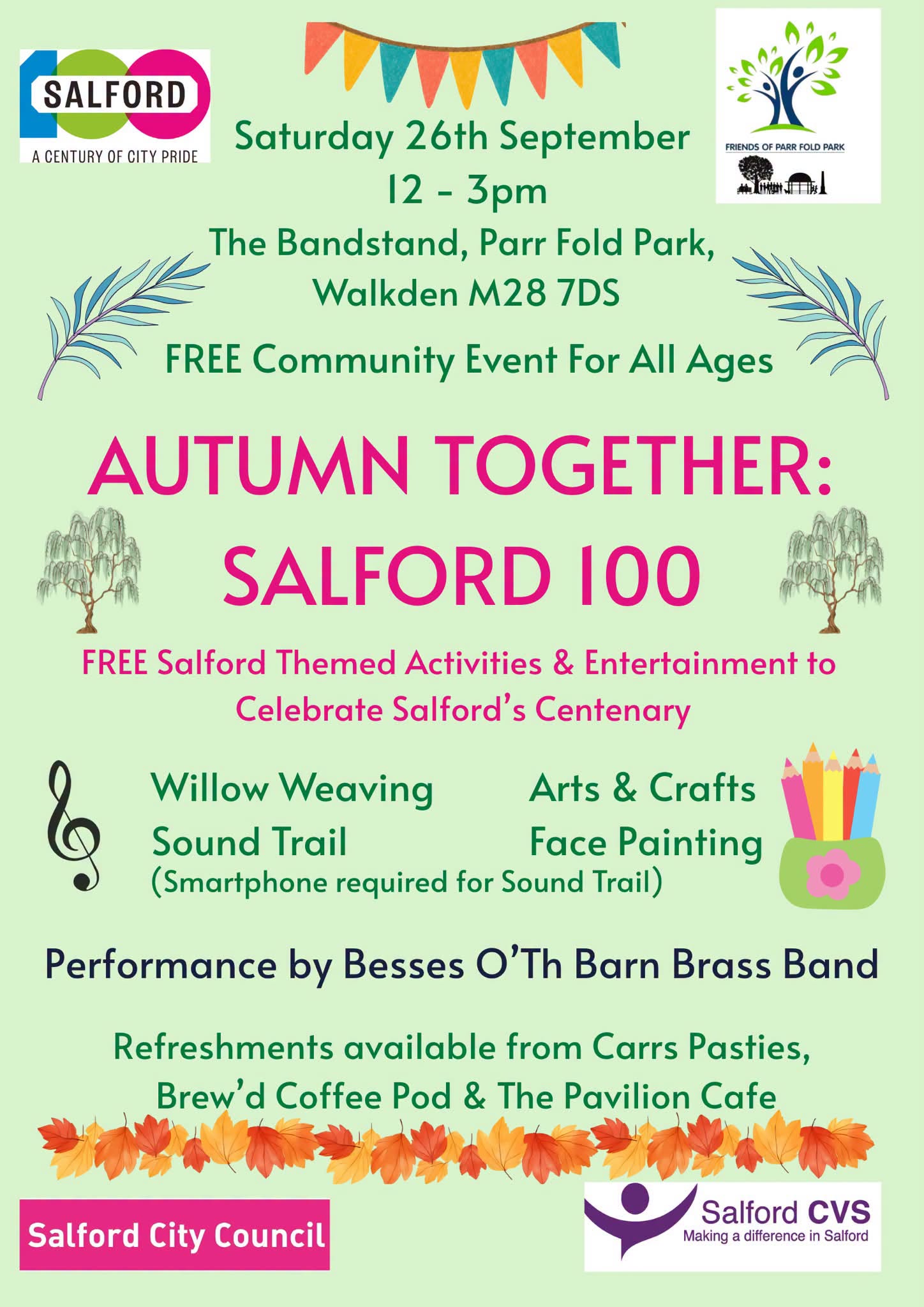 Autumn Together: Salford 100 event poster — free family event at Parr Fold Park, Walkden, Saturday 26 September, 12 to 3pm.